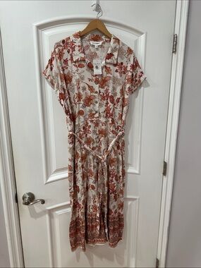 LUCKY BRAND Floral Button-Front Midi Dress in Cream and Rust SIZE 1X